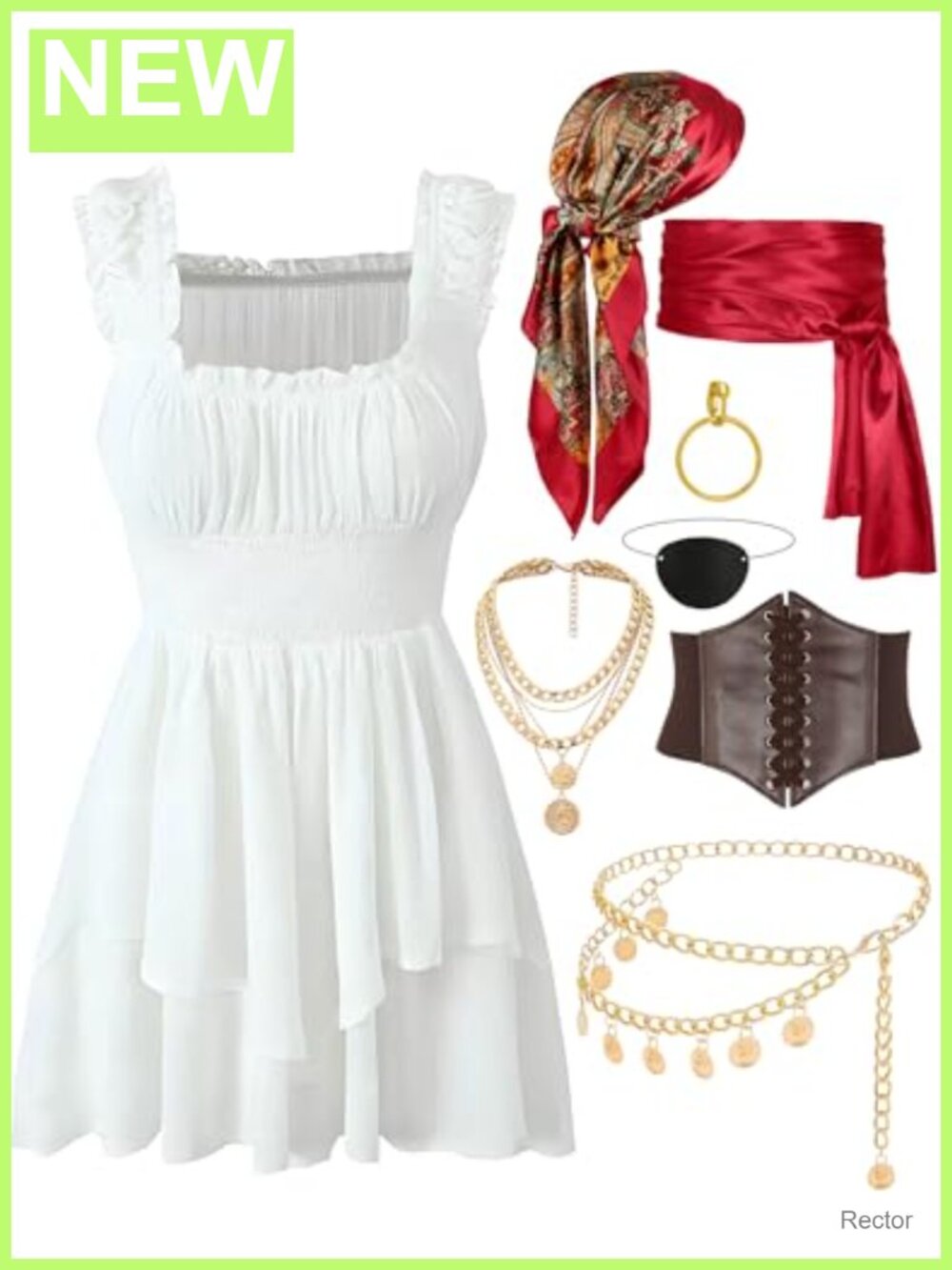 8PC Pirate Costume Set Dress Corset Belt Sash Headscarf Plus Size Halloween